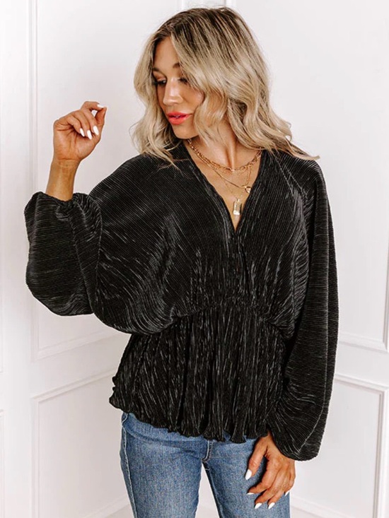 entro Tops - ENTRO by Anthropologie Black Silky Pleated Balloon Sleeve Top Size medium  NWT